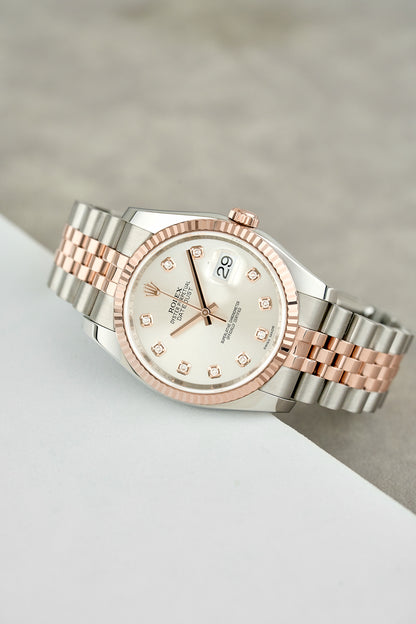 Rolex Datejust 36 Two Tone Everose Silver Dial With Diamonds