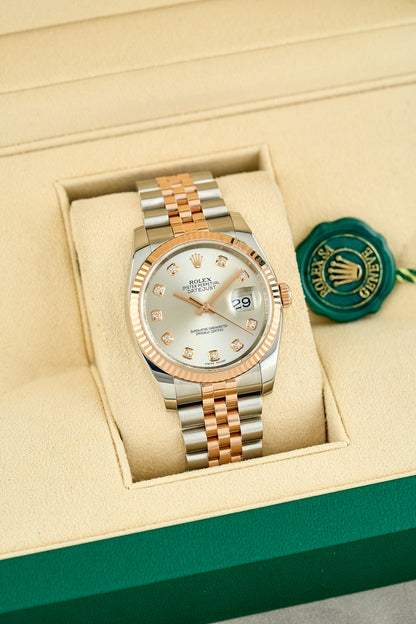 [RESERVED] Rolex Datejust 36 Two Tone Everose Silver Dial With Diamonds