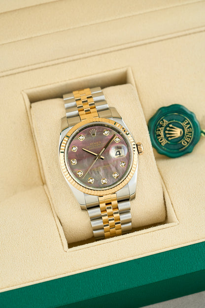 Rolex Datejust 36 Two Tone Yellow Gold Mother Of Pearl With Diamonds 116233 2014