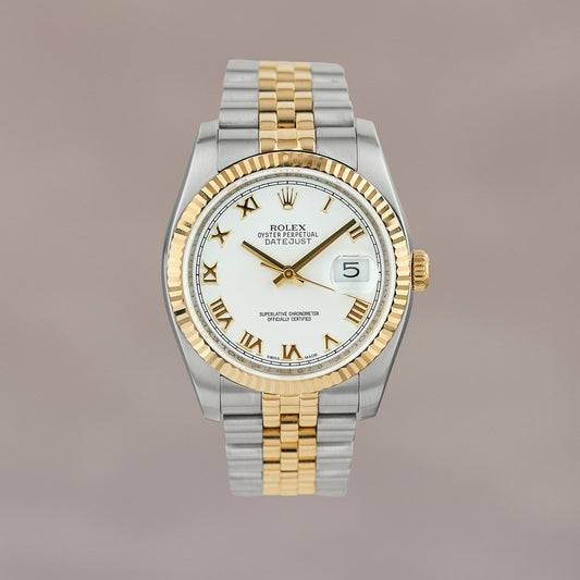 Rolex Datejust 36 Two Tone Yellow Gold White Roman Dial