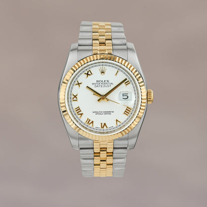 Rolex Datejust 36 Two Tone Yellow Gold White Roman Dial 116233 2016