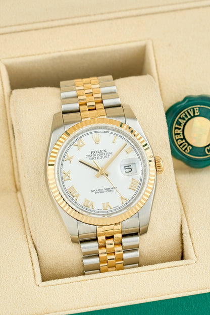 Rolex Datejust 36 Two tone Yellow Gold White Roman Dial 116233 2013