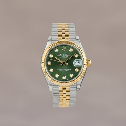 Rolex Datejust 31 Two Tone Yellow Gold Olive Green Dial With Diamonds