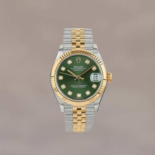 Rolex Datejust 31 Two Tone Yellow Gold Olive Green Dial With Diamonds