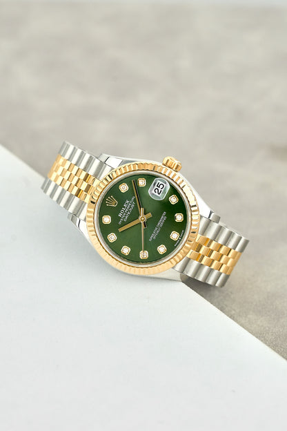 Rolex Datejust 31 Two Tone Yellow Gold Olive Green Dial With Diamonds