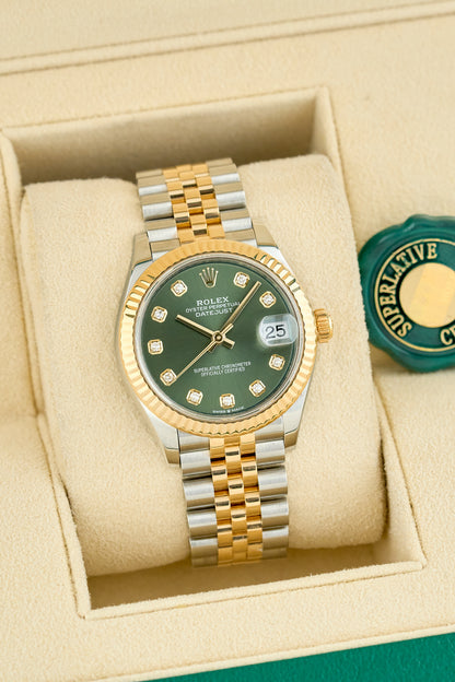 Rolex Datejust 31 Two Tone Yellow Gold Olive Green Dial With Diamonds