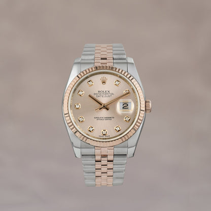 Rolex Datejust 36 two Tone Rose Gold Salmon Dial With Diamonds 116231 2015