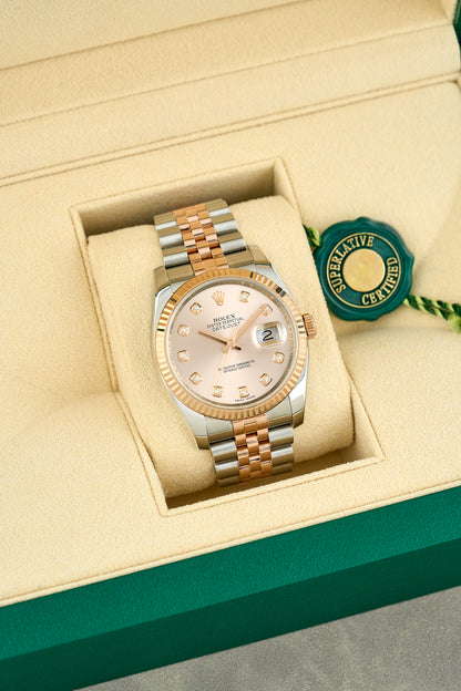 Rolex Datejust 36 two Tone Rose Gold Salmon Dial With Diamonds 116231 2015