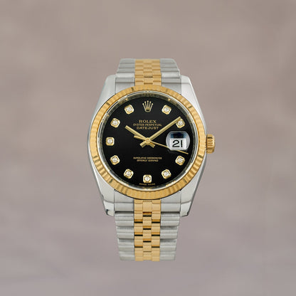 Rolex Datejust 36 Two Tone Yellow Gold Black Dial With Diamonds 116233 2010