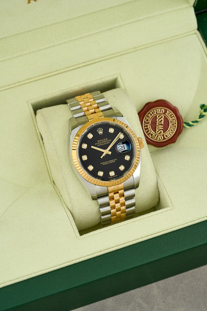 Rolex Datejust 36 Two Tone Yellow Gold Black Dial With Diamonds 116233 2010