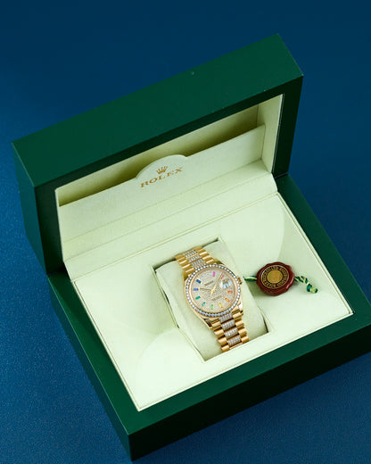 Rolex Day-Date 36 Yellow Gold Diamond Dial Rainbow Markers 128238 2021