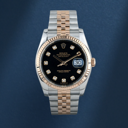 Rolex Datejust 36 Two Tone Rose Gold Black Dial With Diamonds 116231 2014