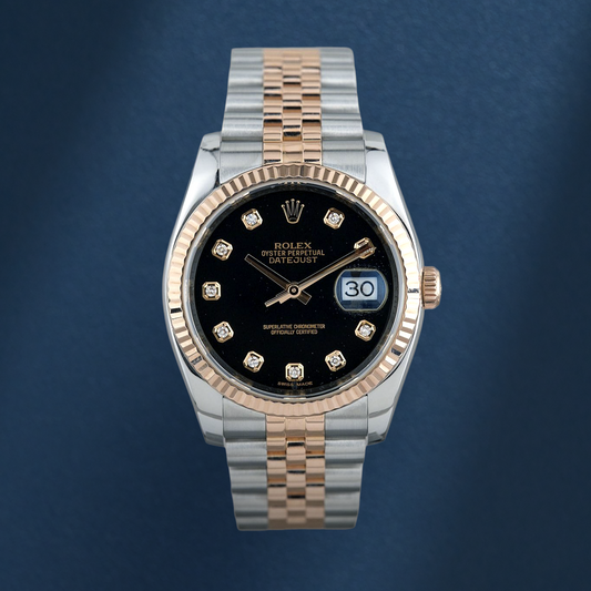 Rolex Datejust 36 Two Tone Rose Gold Black Dial With Diamonds 116231 2014