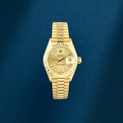 Rolex Lady Datejust 26 Full Yellow Gold Champagne Dial With Diamonds 69178 1990