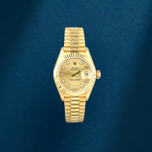Rolex Lady Datejust 26 Full Yellow Gold Champagne Dial With Diamonds 69178 1990