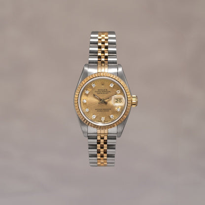 Rolex Lady Datejust 26 Two Tone Yellow Gold Champagne Dial with Diamonds 69173 1990