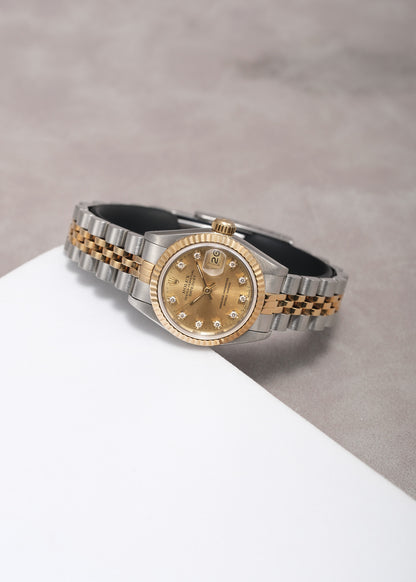Rolex Lady Datejust 26 Two Tone Yellow Gold Champagne Dial with Diamonds 69173 1990