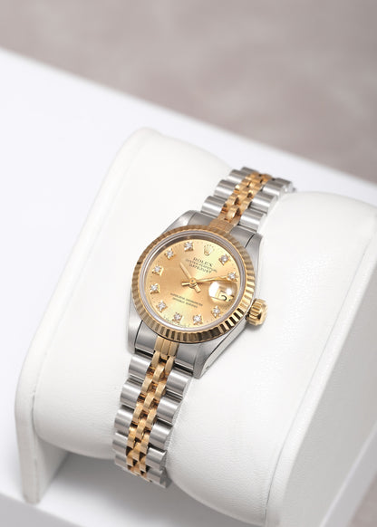 Rolex Lady Datejust 26 Two Tone Yellow Gold Champagne Dial with Diamonds 69173 1990