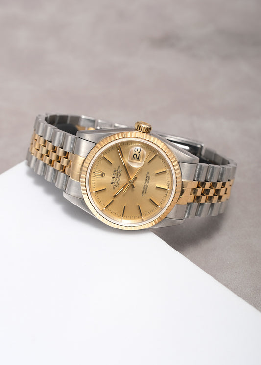 Rolex Datejust 36 Two Tone Yellow Gold Champagne Stick Dial 16233 2000