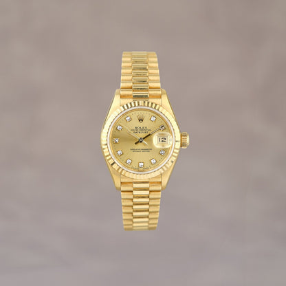 Rolex Lady Datejust 26 Full Yellow Gold Champagne Dial With Diamonds 69178 1990