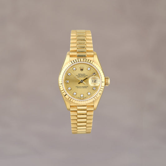 Rolex Lady Datejust 26 Full Yellow Gold Champagne Dial With Diamonds 69178 1990