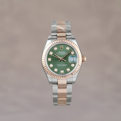 Rolex Datejust 28 Two Tone Everose Olive Green Dial with Diamonds