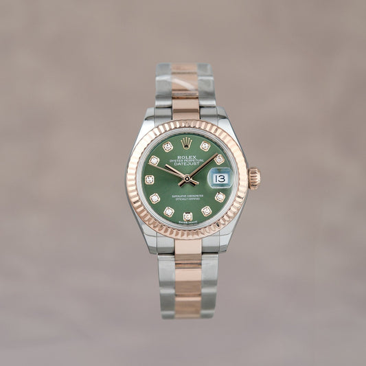 Rolex Datejust 28 Two Tone Everose Olive Green Dial with Diamonds