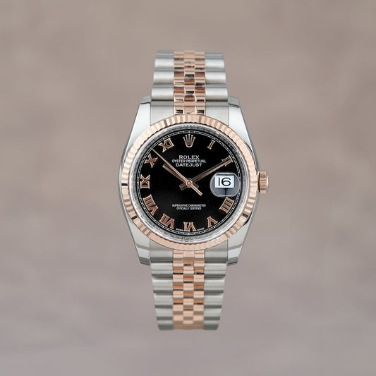 Rolex Datejust 36 Two Tone Rose Gold Black Roman 36mm 116231 2015
