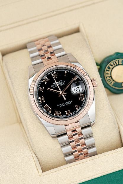 Rolex Datejust 36 Two Tone Rose Gold Black Roman 36mm 116231 2015