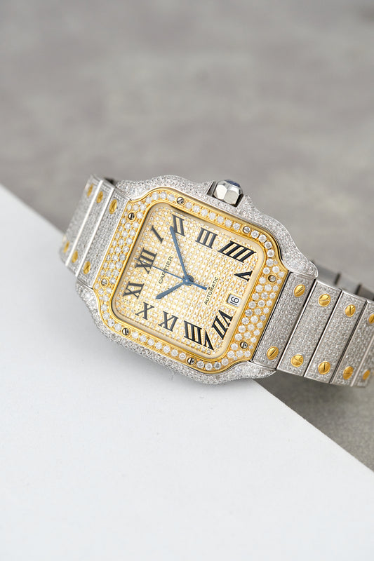 Cartier Santos De Cartier Iced Out Two Tone Yellow Gold