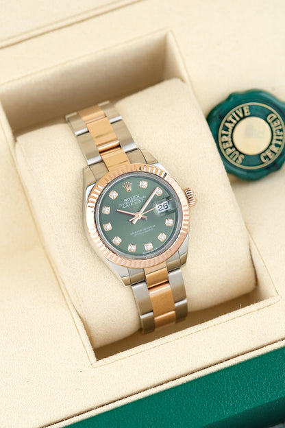 Rolex Datejust 28 Two Tone Rose Gold Green w/ Diamonds 28mm 2020