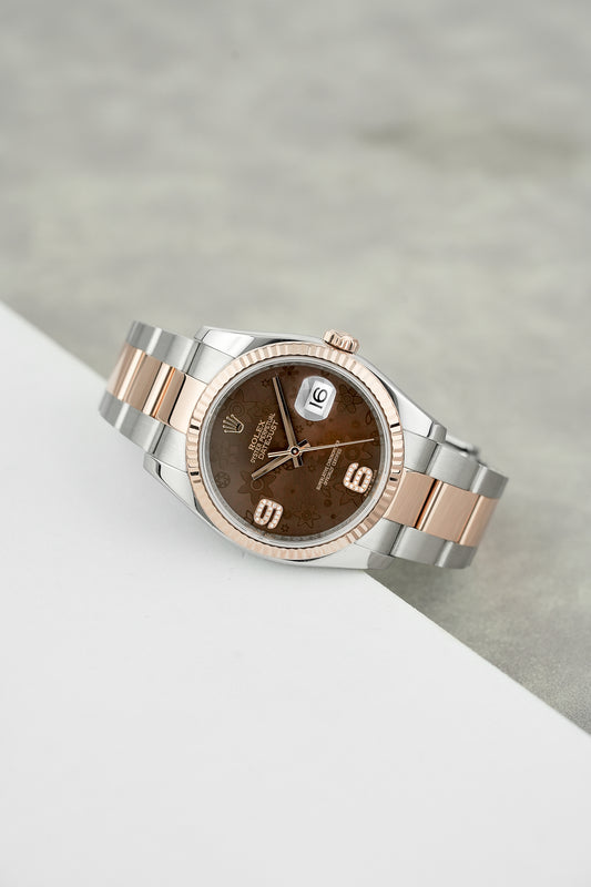 Rolex Datejust 36 Two Tone Rose Gold Choco Floral 6 & 9 Diamonds 36mm 116231 2013