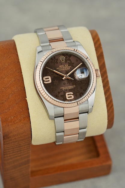 Rolex Datejust 36 Two Tone Rose Gold Choco Floral 6 & 9 Diamonds 36mm 116231 2013