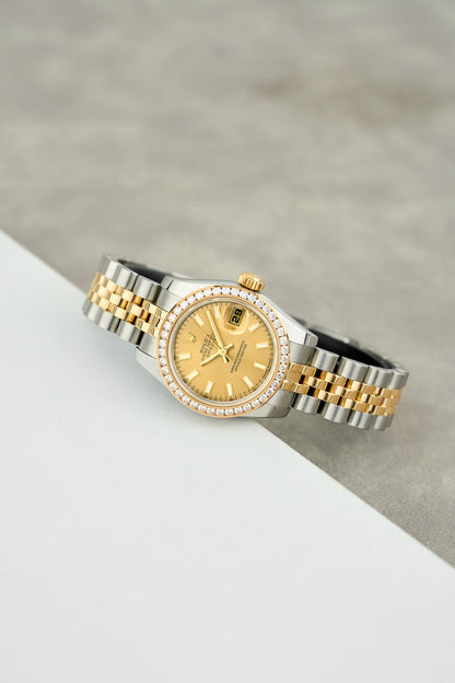 [RESERVED] Rolex Datejust 26 Two Tone Yellow Gold Champagne Dial With Diamond Bezel 179173 2010