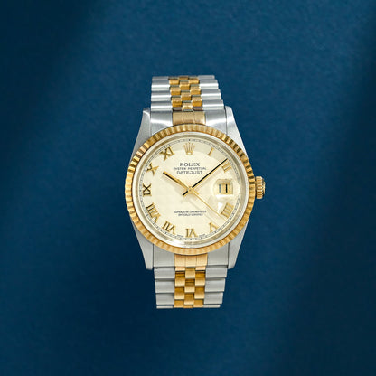 Rolex Datejust 36 Two Tone Yellow Gold Ivory Pyramid Roman Dial 16233 1991