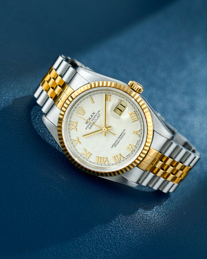 Rolex Datejust 36 Two Tone Yellow Gold Ivory Pyramid Roman Dial 16233 1991