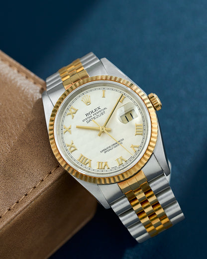 Rolex Datejust 36 Two Tone Yellow Gold Ivory Pyramid Roman Dial 16233 1991