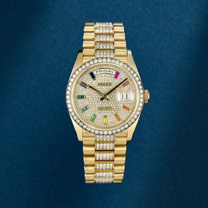 Rolex Day-Date 36 Yellow Gold Diamond Dial Rainbow Markers 128238 2021