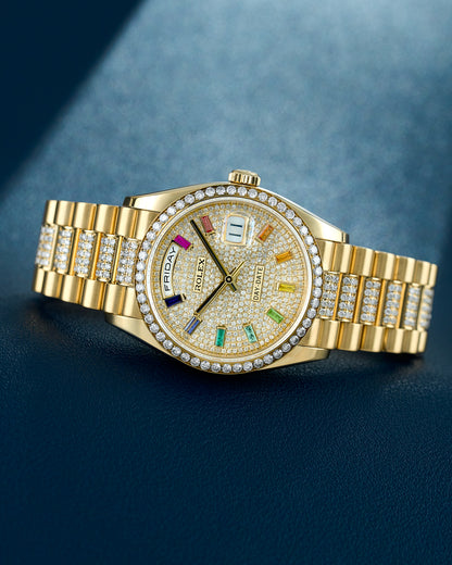 Rolex Day-Date 36 Yellow Gold Diamond Dial Rainbow Markers 128238 2021