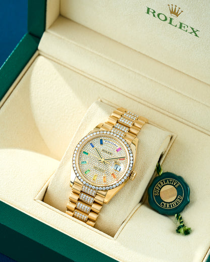 Rolex Day-Date 36 Yellow Gold Diamond Dial Rainbow Markers 128238 2021