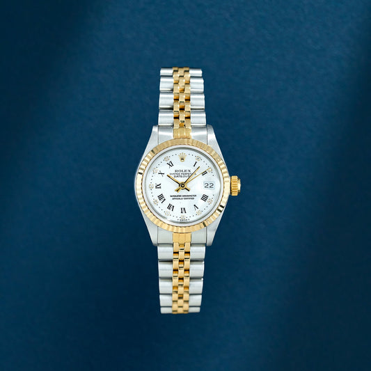 Rolex Lady Datejust 26 Two Tone Yellow Gold White Roman Dial With Diamonds 69173 1991