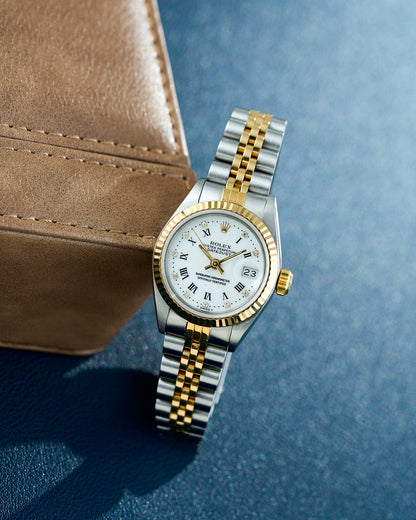 Rolex Lady Datejust 26 Two Tone Yellow Gold White Roman Dial With Diamonds 69173 1991